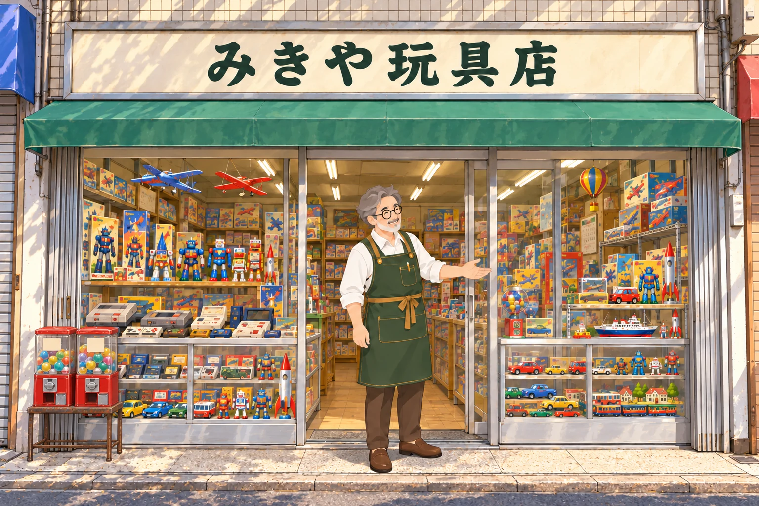 みきや玩具店の架空の店先。緑のエプロンを着たAI室長が、ゲーム機や玩具の並ぶ日本の商店街風の店先で迎えるイラスト。左側には昔ながらの赤いカプセル玩具機が2台ある