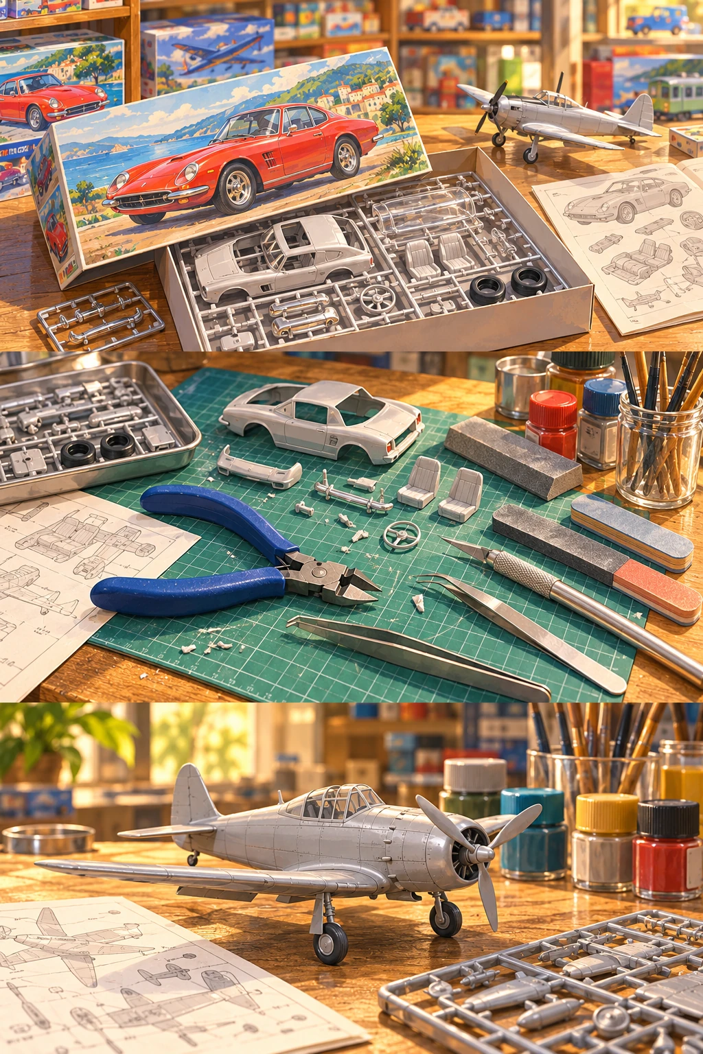 模型箱とランナーが並ぶ玩具店の作業台を描いた架空イラスト