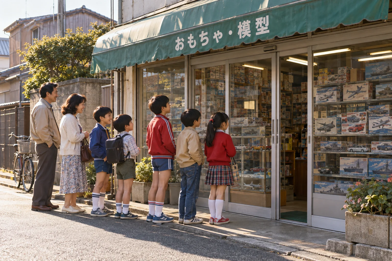 AI生成のイメージ写真。架空の玩具店の前で子どもたちが落ち着いて順番を待つ情景